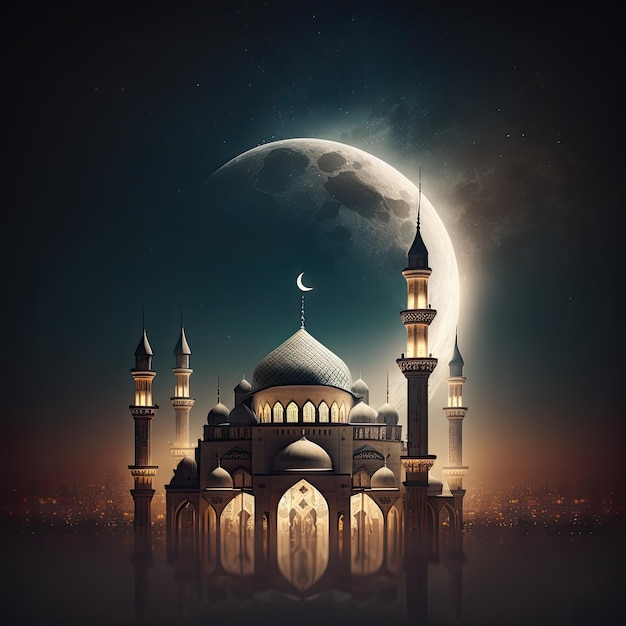 Ramadan Kareem sfondo con Moschea e Crescent Moon 3d Rendering