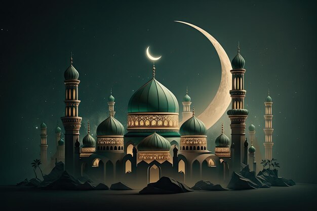 Ramadan Kareem sfondo con moschea e luna crescente con Bokeh 3d rendering