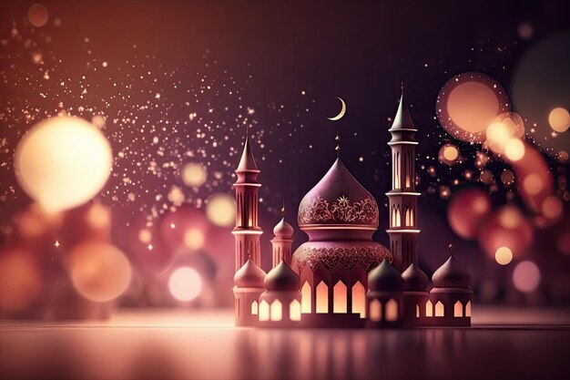 Ramadan Kareem sfondo con moschea e luna crescente con Bokeh 3d rendering