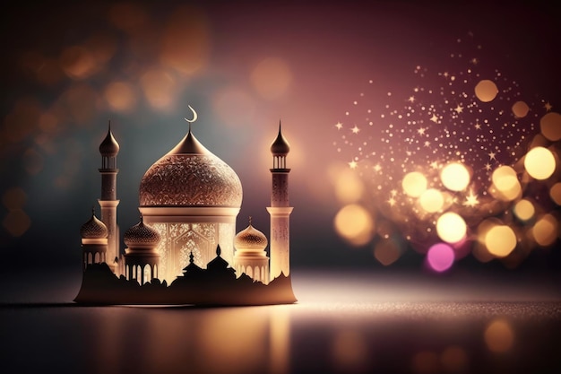 Ramadan Kareem sfondo con moschea e luna crescente con Bokeh 3d rendering