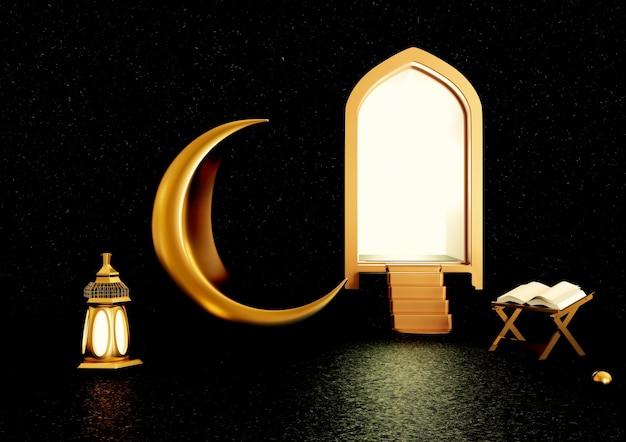 Ramadan Kareem simbolo della luna crescente d'oro con il libro del Corano della lanterna islamica su sfondo nero