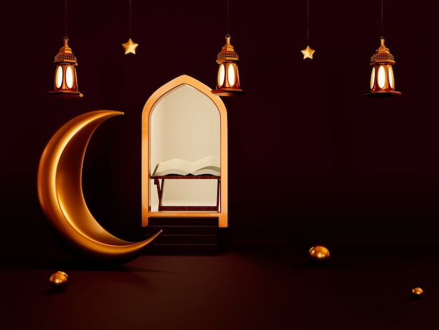 Ramadan Kareem simbolo della luna crescente dorata con stelle Lanterna islamica e vacanza musulmana del libro del Corano