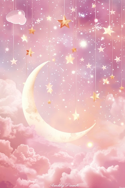Ramadan Kareem Un grazioso saluto abbellito da stelle a mezzaluna e nuvole bianche luminose sullo sfondo affascinante di Bokeh