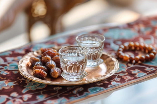 Ramadan kareem vacanza acqua con datteri frutta per l'iftar