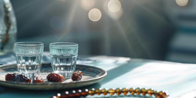 Ramadan kareem vacanza acqua con datteri frutta per l'iftar