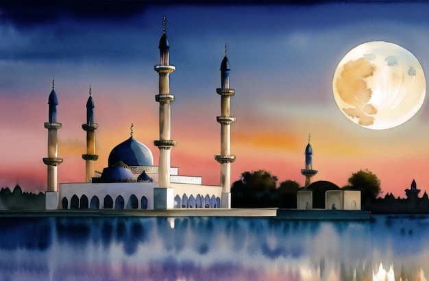 Ramadan Kareem Watercolor Mosque Illustrazione del design dell'architettura islamica sotto la luna Festival musulmano Ramzan Banner con minareti della moschea Generative AI