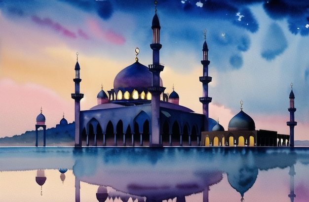 Ramadan Kareem Watercolor Mosque Illustrazione del design dell'architettura islamica sotto la luna Festival musulmano Ramzan Banner con minareti della moschea Generative AI