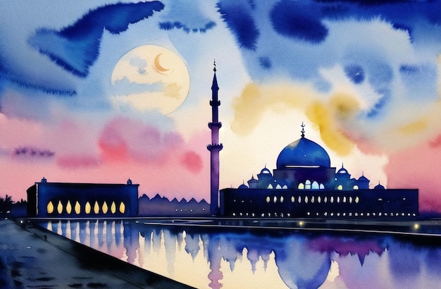 Ramadan Kareem Watercolor Mosque Illustrazione del design dell'architettura islamica sotto la luna Festival musulmano Ramzan Banner con minareti della moschea Generative AI