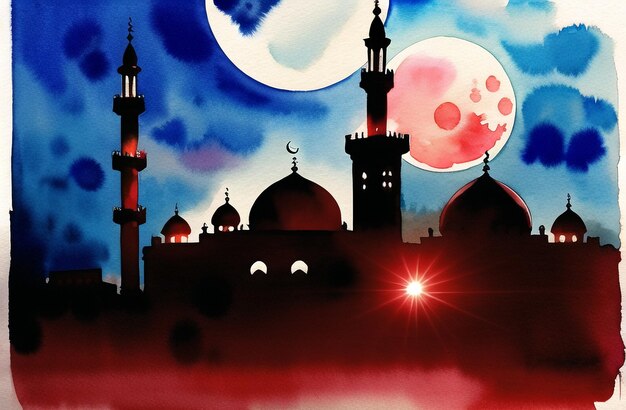 Ramadan Kareem Watercolor Mosque Illustrazione del design dell'architettura islamica sotto la luna Festival musulmano Ramzan Banner con minareti della moschea Generative AI