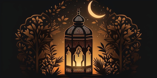 Ramadan Mubarak Concept Una lanterna dal design illustrativo minimalista su sfondo islamico