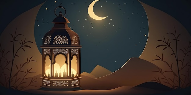 Ramadan Mubarak Concept Una lanterna dal design illustrativo minimalista su sfondo islamico