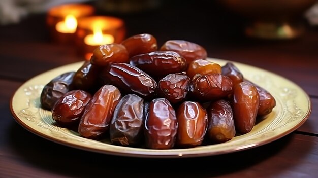 Ramadan Mubarak Datteri secchi in una ciotola tavola da pranzo a casa Datteri deliziosi Mese Santo Ramadan