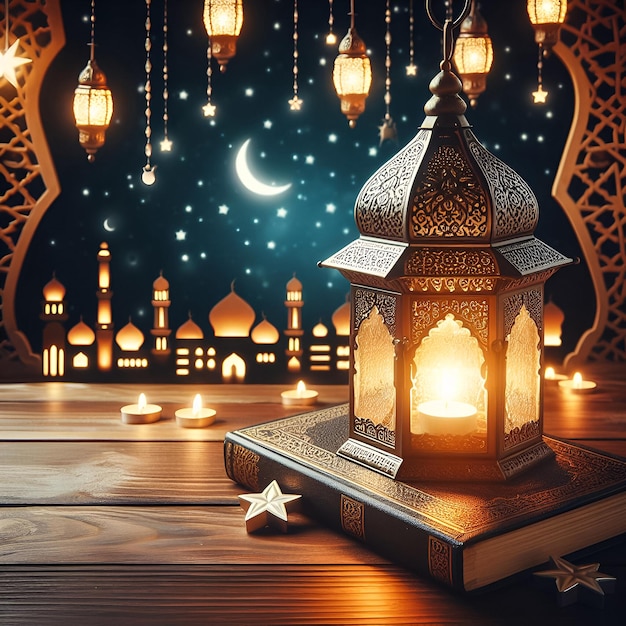 Ramadan Mubarak Eid Mubarak Concept Sfondio Luna Stelle Mezzaluna Lampada