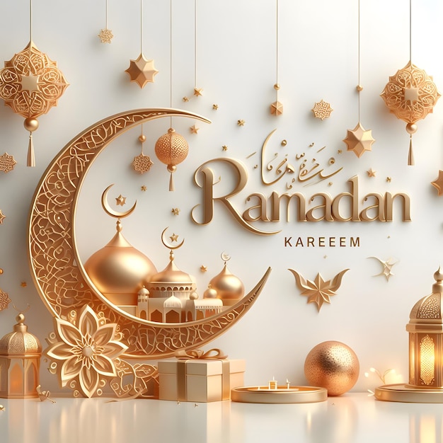 Ramadan Mubarak lanterne d'oro islamiche luna e moschea su sfondo bianco per un post sui social media