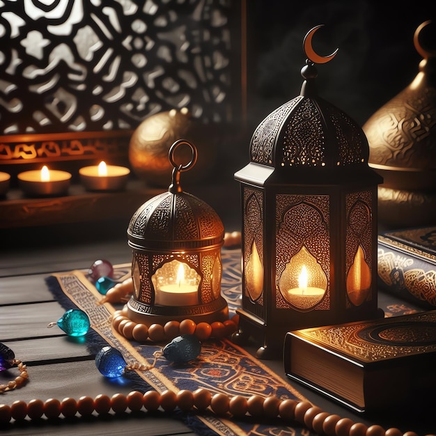 ramadan Una candela accesa si trova in una lanterna su un tavolo con altre candele accese e una ciotola di frutta