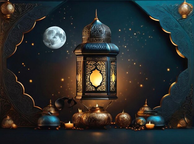 Ramadano Kareem banner sfondo con lanterna luna AI generato Immagine