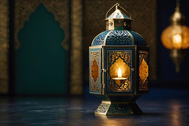 Ramadano Kareem Lamp sfondo Lanterna araba ornamentale con candela accesa che brilla di notte