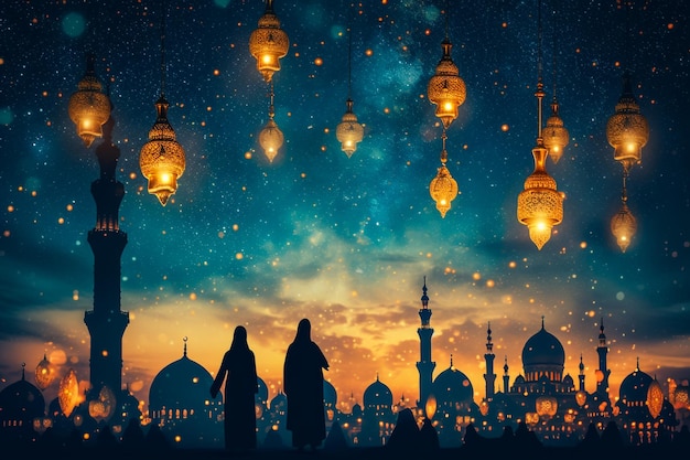 Ramadano Kareem sullo sfondo con la preghiera e la cupola della moschea con il crepuscolo cielo silhouette uomo musulmano che fa una supplicationsalah vettore simbolico per la religione islamica Eid alAdha Eid Mubarak Eid al fitr