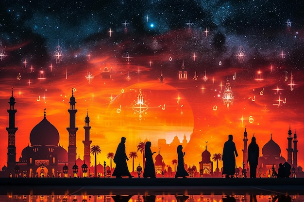Ramadano sfondo Religione Mese Santo Caligrafia Luna leggera Nuvole Tempio con cupole Vecchia città musulmana Banner di copertina per il design Illustrazione vettoriale EPS 10
