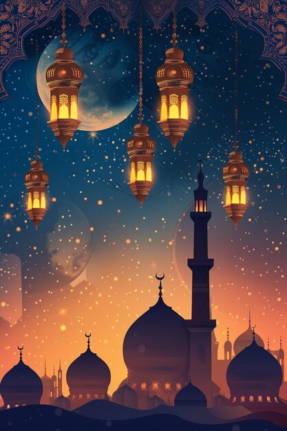 Ramadhan Kareem background banner Islamic Greeting Cards per le vacanze musulmane e il Ramadan Banner blu con luna e lanterna