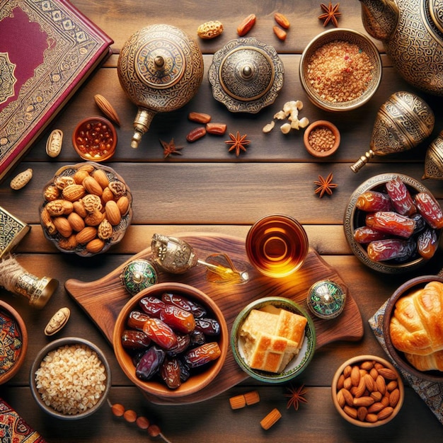 Ramadhan table top view Banner con piatti tradizionali arabi e set di cibo foto stock