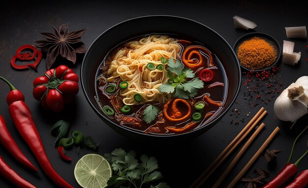 Ramen con verdure e peperoncini piccanti in un piatto su sfondo nero IA generativa