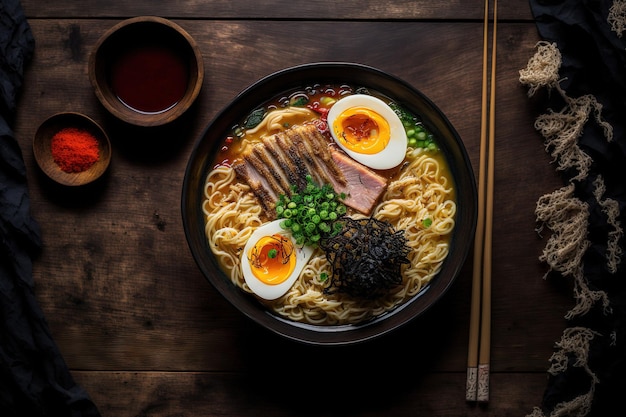 Ramen dal Giappone su uno sfondo di legno