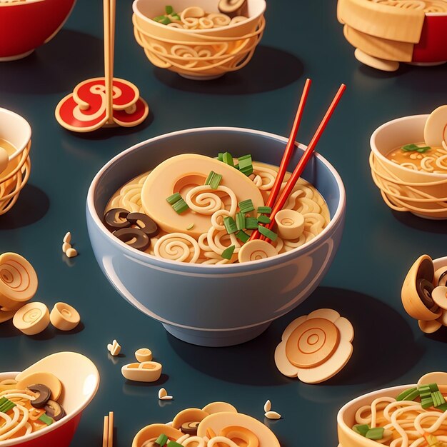 Ramen noodle con funghi e bastoncini da mangiare cartone animato icona vettoriale illustrazione oggetto alimentare isolato piatto