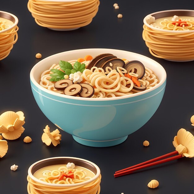 Ramen noodle con funghi e bastoncini da mangiare cartone animato icona vettoriale illustrazione oggetto alimentare isolato piatto