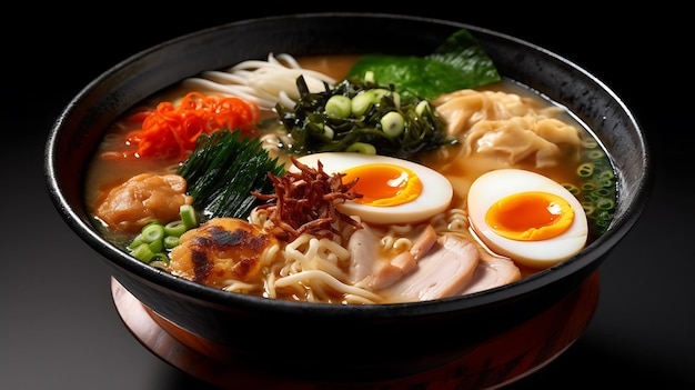 Ramen un piatto di zuppa di noodle con vari condimenti Ai Generative