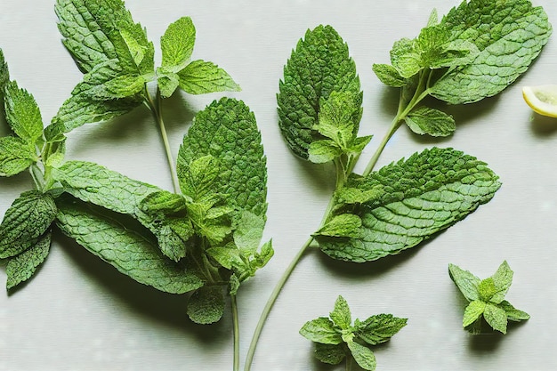 Rametti di menta piperita con foglie fresche e una fetta di limone su un primo piano bianco del fondo