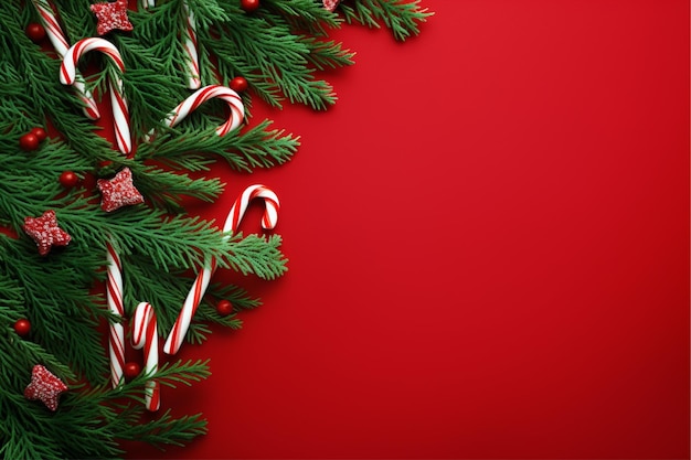 Rami dell'albero di Natale e bastoncini di zucchero su uno sfondo rosso con spazio per la copia piatto