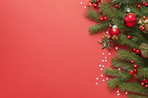 Rami di abete con decorazioni natalizie su sfondo rosso