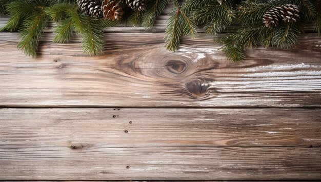 Rami di abete di Natale su sfondo di legno Vista dall'alto con spazio per la copia