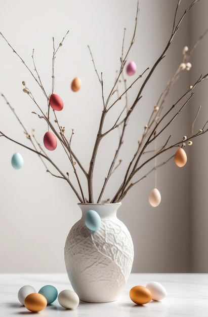 Rami di alberi di Pasqua in vaso bianco rustico decirativo che celebra il minimalismo