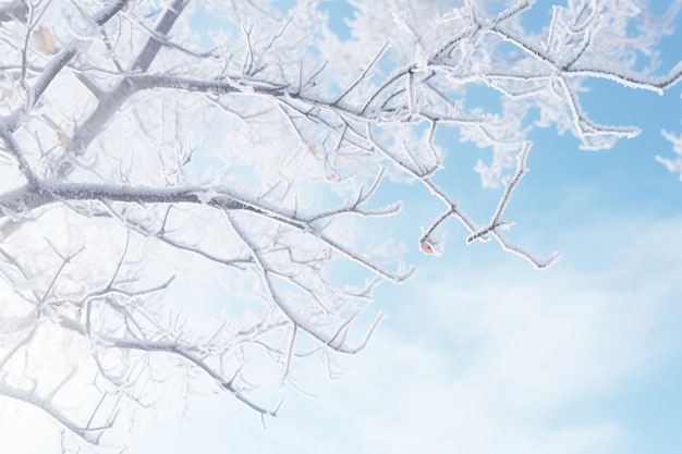 Rami di alberi innevati sullo sfondo della natura invernale del cielo blu