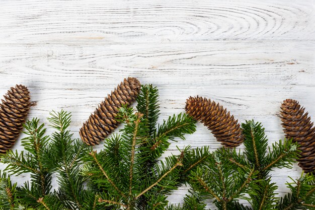 Rami di albero di Natale con coni su legno