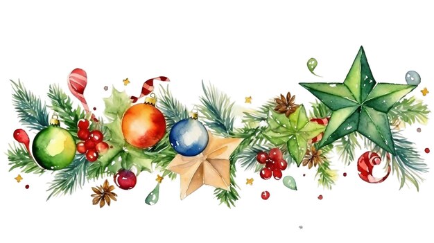 Rami di albero di Natale dell'acquerello decorati con palline e stelle su sfondo bianco