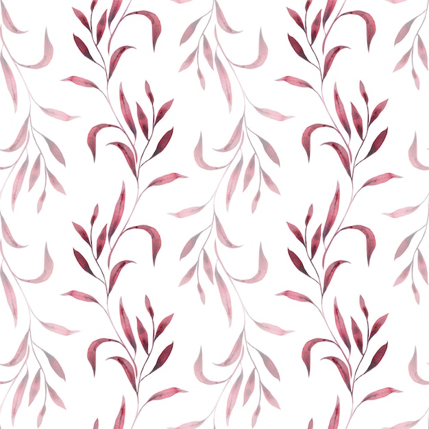 Rami di bordeaux monocromatici con foglie modello senza cuciture su sfondo bianco illustrazione ad acquerello disegnata a mano per tessuti di design tessuti stampe da parati carta di avvolgimento