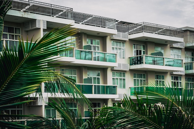 Rami di palma finestre a livello edificio multipiano moderno balcone in vetro verde Sfondo di architettura