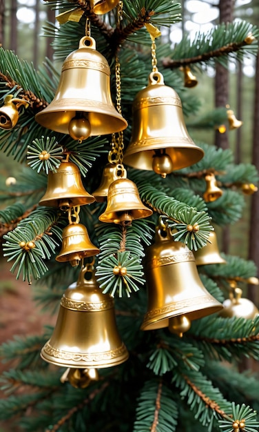 Rami di pino decorati con campane d'oro Mattina foresta all'aperto impostazione angolo basso