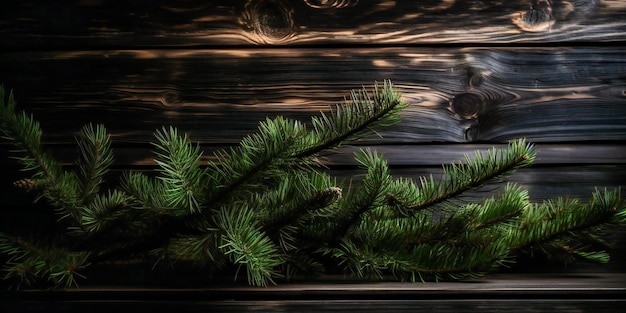 Rami di pino rustico nero e albero di natale su sfondo nero