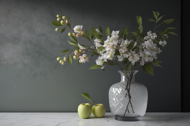 Rami di un albero di mele un muro grigio e fiori in un vaso da pavimento