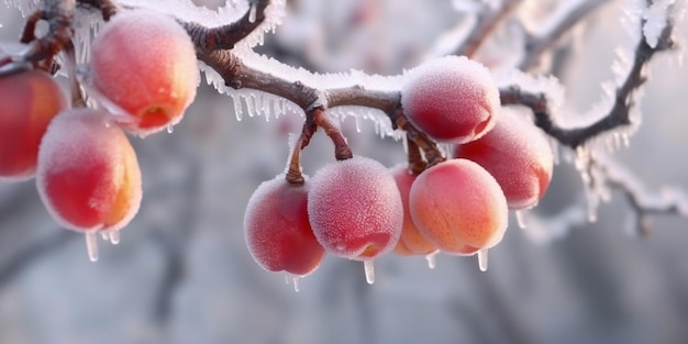 Ramo arato di un albero con frutta congelata generativa ai