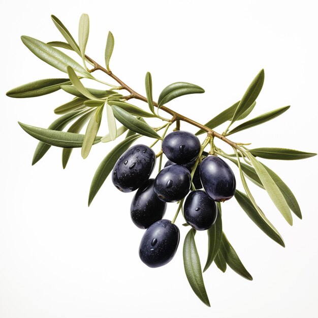 Ramo d'olivo con olive nere isolate su uno sfondo bianco