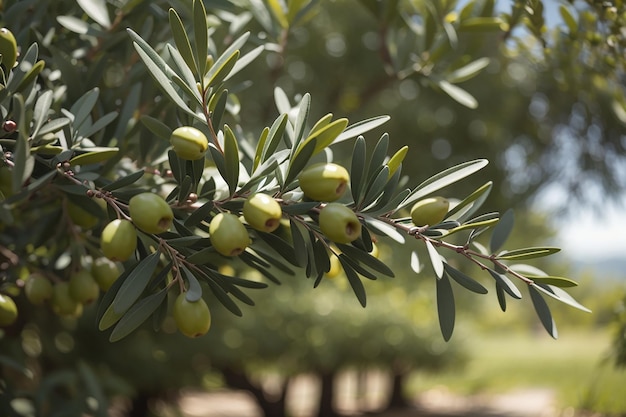 Ramo d'olivo consegnato dall'alto nell'oliveto taggiasca o cultivar cailletier verde di messa a fuoco selettiva