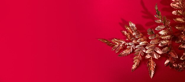 Ramo d'oro della pianta di felce su sfondo rosso Buono per banner festivi di Capodanno o Natale