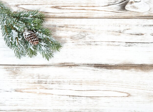 Ramo dell'albero di Natale su fondo di legno luminoso