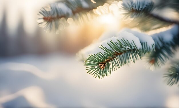 Ramo di abete invernale con neve e luce solare bokeh Cartolina di Natale