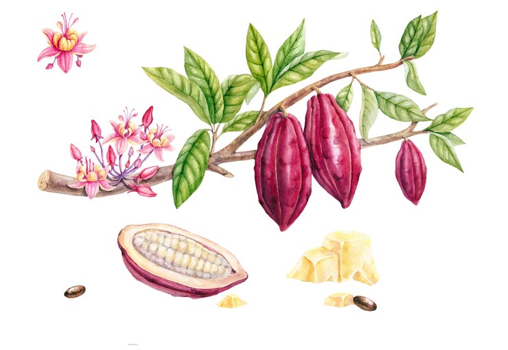 Ramo di cacao dell'acquerello isolato su priorità bassa bianca